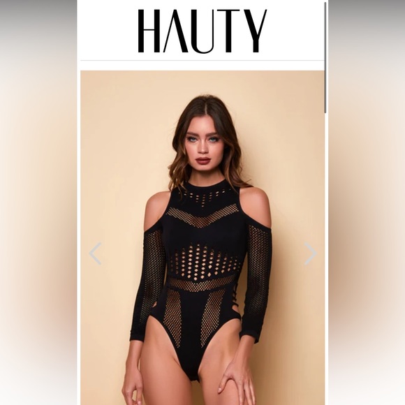 Hauty Black Cold Shoulder Bodystocking Bodysuit *One size fits all NWT - Picture 2 of 7
